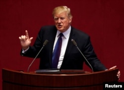 FILE - U.S. President Donald Trump speaks at the South Korean National Assembly in Seoul, South Korea, Nov, 8, 2017.