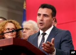 Macedonian Prime Minister Zoran Zeav addresses the media during a news conference in the Government building in Skopje, Macedonia, June 12, 2018.