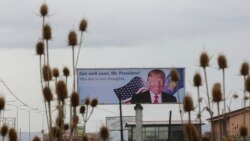 Na velikom bilbordu u Slatini, na putu ka aerodromu u Prištini, predsedniku Donaldu Trampu kosovski Albanci su poželeli brzi oporavak od koronavirusa, 6. oktobra 2020.