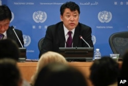 North Korea Deputy United Nations Ambassador Kim In Ryong speaks during a news briefing, Monday, April 17, 2017, at U.N. headquarters.