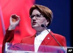 Meral Aksener, leader of Turkey's Iyi (Good) Party, and a candidate to run in the presidential contest against president Recep Tayyip Erdogan in a surprise snap election on June 24, speaks about her party's election manifesto in Ankara, Turkey, May 14, 2018.