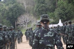 FILE - This handout photo from local media group Kantarawaddy Times taken on May 10, 2021, and released on June 4 shows military training conducted by the Karenni National Progressive Party ethnic rebel group in Kayah state, Myanmar.