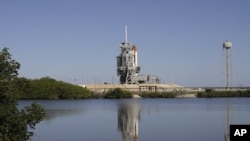 Space shuttle Endeavour is seen at Pad 39A at the Kennedy Space Center in Cape Canaveral, Florida
