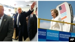 U.S. Republican presidential nominee Donald Trump in King of Prussia, Pennsylvania, and Democrat Hillary Clinton arriving in Lakeland, Florida, Nov. 1, 2016.