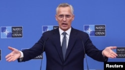 FILE - NATO Secretary General Jens Stoltenberg speaks at alliance headquarters in Brussels, Belgium, March 14, 2024. 