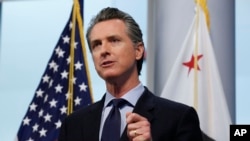 In this April 9, 2020 photo, Gov. Gavin Newsom gives his coronavirus update.