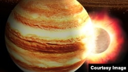 This artist’s impression of portrays a collision between a young Jupiter and a massive still-forming protoplanet in the early solar system. (Illustration by K. Suda & Y. Akimoto/Mabuchi Design Office, Courtesy of Astrobiology Center, Japan)