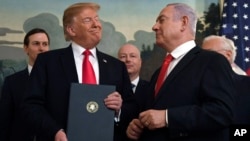 President Trump smiles at Israeli PM Benjamin Netanyahu, right, after signing a proclamation in the Diplomatic Reception Room at the White House in Washington, March 25, 2019. Trump signed an official proclamation formally recognizing Israel's sovereignty over the Golan Heights.