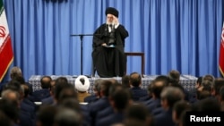 Iran's Supreme Leader Ayatollah Ali Khamenei delivers a speech in a meeting with military commanders in Tehran, Feb. 7, 2017.