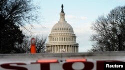 A security barricade is placed in front of the US Capitol on the first day of a partial federal government shutdown in Washington, Dec. 22, 2018.