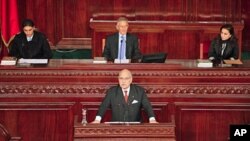 Outgoing interim president Fouad Mebazza (front) speaks during the opening session of Tunisia's constitutional assembly in Tunis November 22, 2011
