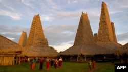 Sejumlah perempuan adat dan anak-anak membawa sesajen sehari sebelum tradisi tahunan "Pasola" di Desa Ratenggaro, Sumba, 21 Maret 2014. (Foto: AFP)