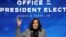 La vicepresidenta electa de EE.UU., Kamala Harris, habla después que el presidente electo, Joe Biden, presentó a miembros clave de su equipo científico de la Casa Blanca en su sede de transición en Wilmington, Delaware, el 16 de enero de 2021. 