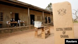 FILE - A sign for Ghana's Electoral Commission is seen at a voting station in Accra during a previous poll.