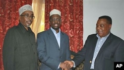 United Nations Special Representative for Somalia Augustine P. Mahiga (R) meets with Somalia parliament speaker, Sharif Hassan Sheik Adan (L) and president Sheik Sharif Sheik Ahmed (C) at Mogadishu's presidential palace in Mogadishu, Somalia, October 2010