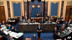 In this image from video, impeachment manager Rep. Adam Schiff, D-Calif., argues in favor of amendment regarding selective admission of evidence and handling of classified material that was offered by Senate Minority Leader Chuck Schumer, D-N.Y.