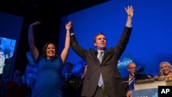 Kentucky's Attorney General Andy Beshear, running for governor against Republican incumbent Matt Bevin, reacts to statewide election results at his watch party in Louisville, Kentucky, U.S. November 5, 2019.