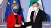 EU Commission President Ursula von der Leyen and Italian Premier Mario Draghi attend a press conference at the end of a virtual global health summit, in Rome's Villa Pamphili, May 21, 2021.