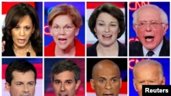 FILE - Eight 2020 Democratic presidential candidates are seen in a combination from file photos.