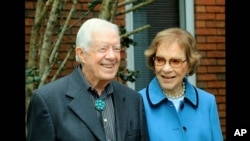 File - Former President Jimmy Carter and former first lady Rosalynn Carter, seen in a photo as they speak on audio only, during the second night of the Democratic National Convention on Aug. 18, 2020.