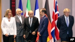 Šefica diplomatije EU, Federika Mogherini, iranski ministar inostranih poslova,Javad Zarif, francuski Jean-Yves Le Drian, njemački šef diplomatije Heiko Maas i britanski Boris Johnson u Briselu, 15. maja 2018.