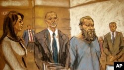 FILE - In this courtroom sketch, Muhanad Mahmoud Al Farekh, third from left, appears in federal court in New York, April 2, 2015.
