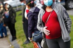 FILE - A pregnant woman wearing a face mask and gloves waits in line for groceries with hundreds during a food pantry sponsored by Healthy Waltham for those in need because of the COVID-19 virus outbreak, at St. Mary's Church in Waltham, Mass.