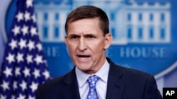 National Security Adviser Michael Flynn speaks during the daily news briefing at the White House, in Washington, Feb. 1, 2017. 