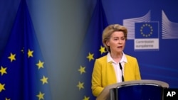 European Commission President Ursula von der Leyen delivers a statement at EU headquarters in Brussels, April 14, 2021, that EU plans for a major contract extension for COVID-19 vaccines with Pfizer stretching to 2023.