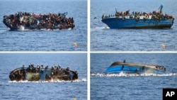 FILE - In this four-picture combo, people try to jump in the water as their boat overturns off the Libyan coast, May 25, 2016. Another boat capsized Thursday.