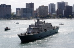 FILE - The USS Detroit, pictured in Detroit on Oct. 14, 2016, is part of a new breed of naval vessel, designed to work in shallow waters and operate with speed and agility.
