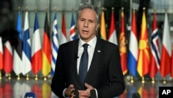 United States Secretary of State Antony Blinken speaks during a media conference at NATO headquarters in Brussels, Belgium, Nov. 13, 2024.