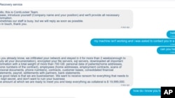 FILE - Screenshot made May 18, 2021, showing part of the ransom negotiation page on the darknet site of Conti, a Russian-speaking ransomware group, demanding $20 million from Ireland's publicly funded health care system. 