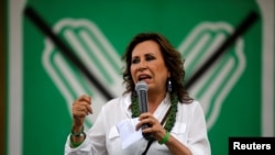 Sandra Torres, candidata presidencial por la Unidad Nacional de la Esperanza (UNE), habla a partidarios en Coatepeque, Guatemala. Junio 2 de 2019.
