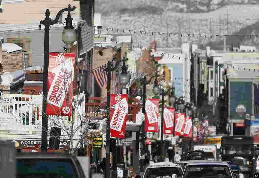 Banners hang above Main Street during the 2013 Sundance Film Festival, January 17, 2013.