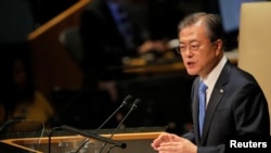 Presiden Korea Selatan Moon Jae-in berpidato pada sesi ke-74 Majelis Umum PBB di markas besar AS di New York City, New York, AS, 24 September 2019. (Foto: Reuters / Brendan Mcdermid)
