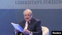FILE - Uzbekistan's Foreign Minister Abdulaziz Kamilov speaks during a meeting with the media in Tashkent, Uzbekistan, April 14, 2017. 