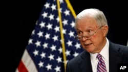 FILE - Attorney General Jeff Sessions speaks at a news conference in Baltimore, Maryland, Dec. 12, 2017. On Thursday, Sessions announced the creation of a new team that will look into the finances and drug-trafficking activities of the Iran-backed Hezbollah group.