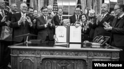 دونالد ترامپ در حال امضای فرمان‌های اجرایی