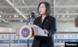 Taiwan's President Tsai Ing-wen speaks to the media after meeting with U.S. Speaker of the House Kevin McCarthy in Simi Valley, California.