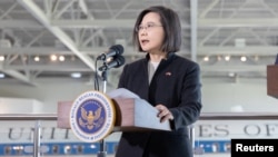 FILE - Taiwan's President Tsai Ing-wen meets the U.S. Speaker of the House Kevin McCarthy, in Simi Valley, California.