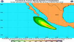 This graphic from NOAA shows Dora's hurricane force wind speed probabilities from 11PM PDT July 19, 2011 to 11PM PDT July 24, 2011