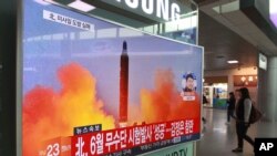 A TV screen shows a file image of a missile launch conducted by North Korea in a local news program, at Seoul Railway Station in Seoul, South Korea, Oct. 16, 2016.