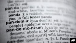 In this Saturday, Nov. 21, 2020, photo the word pandemic is displayed in a dictionary in Washington. Merriam-Webster on Monday announced “pandemic” as its 2020 word of the year. (AP Photo/Jenny Kane)