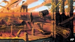 'Manifest Destiny' depicts the Brooklyn waterfront 300 years into the future. There is no sign of humanity, but plenty of marine life swimming in the ruins of two bridges and seagulls flying overhead against an orange sky.