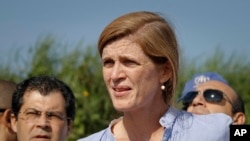 U.S. Ambassador to the United Nations Samantha Power speaks to reporters in Juba, South Sudan, Sept. 3, 2016. Power said visiting U.N. envoys were able to see "the human consequences of the failure of political leaders to bring peace back to their country."