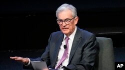 FILE - Federal Reserve Chairman Jerome Powell speaks at a meeting of the Economic Club of New York, Oct. 19, 2023, in New York. (AP Photo/Seth Wenig, file)