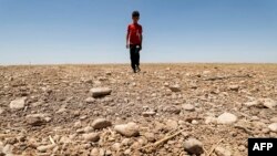 FILE - In this file photo a boy walks through a dried up agricultural field in the Saadiya area, north of Diyala in eastern Iraq on June 24, 2021