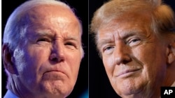 แฟ้ม - ภาพรวมของประธานาธิบดีโจ ไบเดน ตัวแทนสู้ศึกเลือกตั้งสหรัฐฯ เมื่อ 5 ม.ค. 2024 และอดีตประธานาธิบดีโดนัลด์ ทรัมป์ ผู้ท้าชิงจากพรรครีพับลิกัน เมื่อ 19 ม.ค. 2024 (เอพี)
