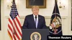 U.S President Donald Trump gives an address Jan. 7, 2021, a day after his supporters stormed the US Capitol in Washington.